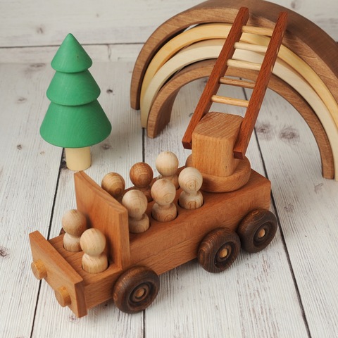 Wooden fire truck with crew